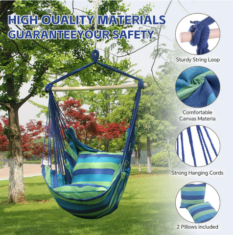 HioHa Hammock Chair, Hanging Rope Swing Max 264 lbs with Anti-Slip Grooves, Hanging Chair Relax Cotton Weave with 2 Cushions, for Indoor/Outdoor Home Yard Garden(Seaside Stripe)