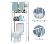 HioHa Over the Toilet Storage, Bathroom Organizers and Storage Shelf with Hanging Rod Paper Holder and 3 Hooks, Freestanding Toilet Rack Space Saver, White