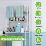 HioHa Over the Toilet Storage, Bathroom Organizers and Storage Shelf with Hanging Rod Paper Holder and 3 Hooks, Freestanding Toilet Rack Space Saver, White