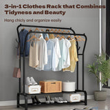 HioHa Clothes Rack, Double Rail Clothing Drying Rack with 2-Tier Shelf, Heavy Duty Garment Rack with Coat/Hat Hanging Hooks, Black