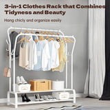 HioHa Clothes Rack, Double Rail Clothing Drying Rack with 2-Tier Shelf, Heavy Duty Garment Rack with Coat/Hat Hanging Hooks, White