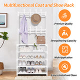 HioHa Coat and Shoe Rack, 24x10x61 inch Hall Tree for Entryway with 4-Tier Storage Shelves,Storage Organizer with 8 Hooks for Bedroom, Hallway, Office, White