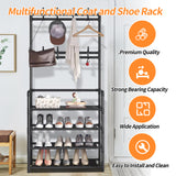 HioHa Coat and Shoe Rack with 4-tier Shelves and 8 Hooks, Black