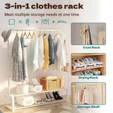 HioHa Clothes Rack, Double Rail Clothing Drying Rack with 2-Tier Shelf, Heavy Duty Garment Rack with Coat/Hat Hanging Hooks, White