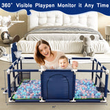 Extra Large Baby Playpen, Big Play Pens for Babies and Toddlers, Gap-Free, Climb-Proof Baby Playards for Indoor Fun, Baby Gate Playpen with Zippered Door and Storage Bag(Blue)