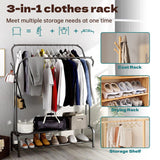 HioHa Clothes Rack, Double Rail Clothing Drying Rack with 2-Tier Shelf, Heavy Duty Garment Rack with Coat/Hat Hanging Hooks, Black