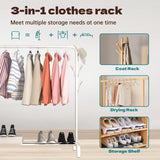 HioHa Clothes Rack, Clothing Drying Rack with Bottom Storage Shelf, Heavy Duty Garment Rail with Coat/Hat Hanging Hooks, White