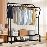 HioHa Clothes Rack, Double Rail Clothing Drying Rack with 2-Tier Shelf, Heavy Duty Garment Rack with Coat/Hat Hanging Hooks, Black