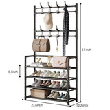 HioHa Coat and Shoe Rack with 4-tier Shelves and 8 Hooks, Black