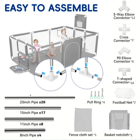 Extra Large Baby Playpen, Big Play Pens for Babies and Toddlers, Gap-Free, Climb-Proof Baby Playards for Indoor Fun, Baby Gate Playpen with Zippered Door and Storage Bag(Gray)