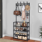 HioHa Coat and Shoe Rack with 4-tier Shelves and 8 Hooks, Black