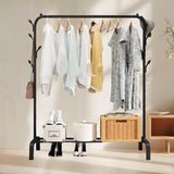 HioHa Clothes Rack, Clothing Drying Rack with Bottom Storage Shelf, Heavy Duty Garment Rail with Coat/Hat Hanging Hooks, Black